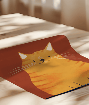 Playful orange cat illustration with a warm rustic background - Mi tienda
