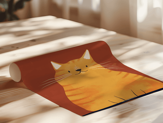 Playful orange cat illustration with a warm rustic background