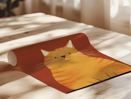 Playful orange cat illustration with a warm rustic background