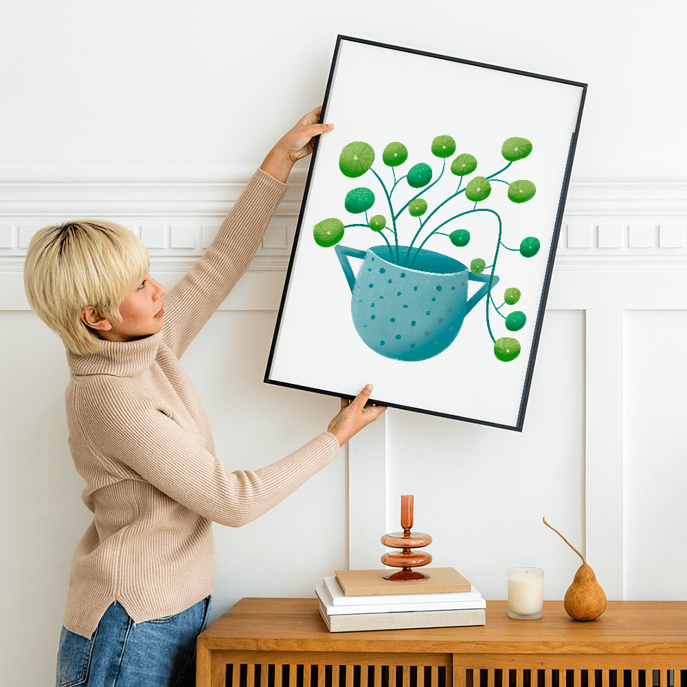 Ilustración minimalista de una planta pilea verde en una maceta de cerámica azul