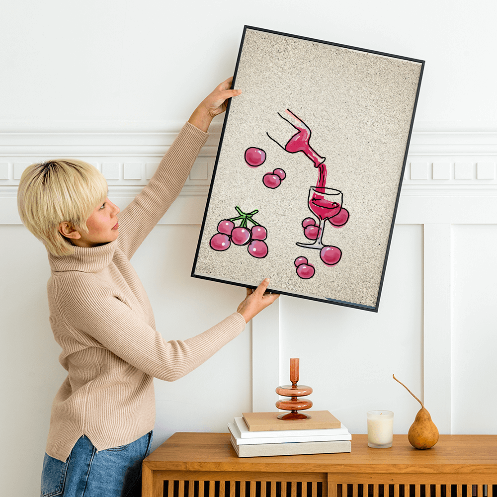 Artistic Illustration of Wine Pouring into a Glass with Grapes