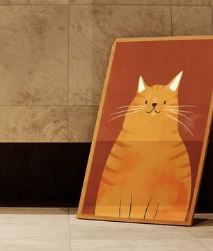 Playful orange cat illustration with a warm rustic background - Mi tienda