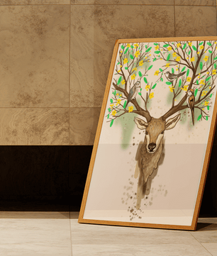 Majestic deer with blooming antlers and birds illustration - Mi tienda