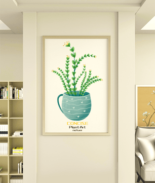 Ilustración de una planta verde en una taza decorativa azul