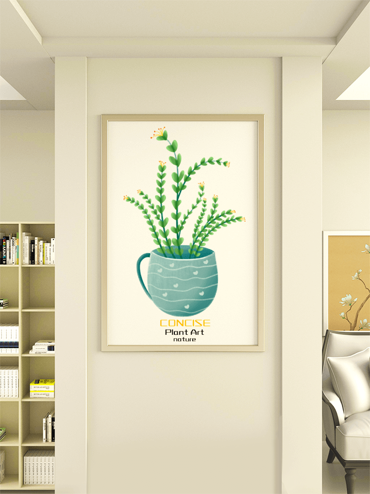 Ilustración de una planta verde en una taza decorativa azul