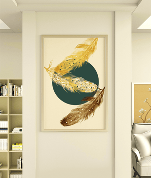 Artistic Composition of Intricate Feathers with Golden Elements and Geometric Contrast - Mi tienda