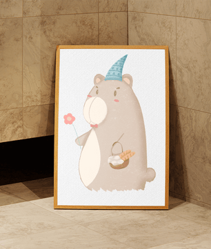 Cute bear illustration with flower and basket | nursery wall art | whimsical animal decor - Mi tienda