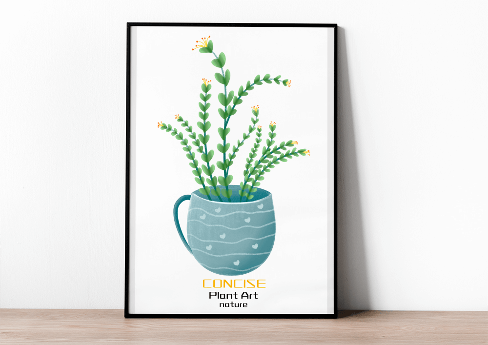 Ilustración de una planta verde en una taza decorativa azul