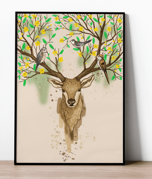 Majestic deer with blooming antlers and birds illustration - Mi tienda