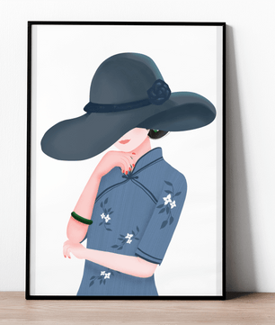Elegant woman in a wide-brimmed hat and floral dress – stylish fashion artwork for modern interiors - Mi tienda