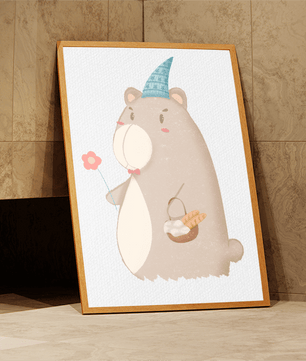 Cute bear illustration with flower and basket | nursery wall art | whimsical animal decor - Mi tienda