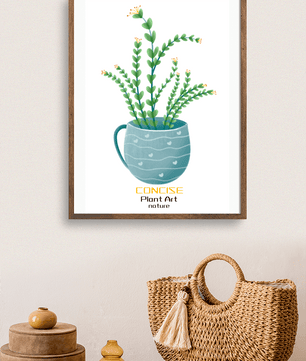 Ilustración de una planta verde en una taza decorativa azul