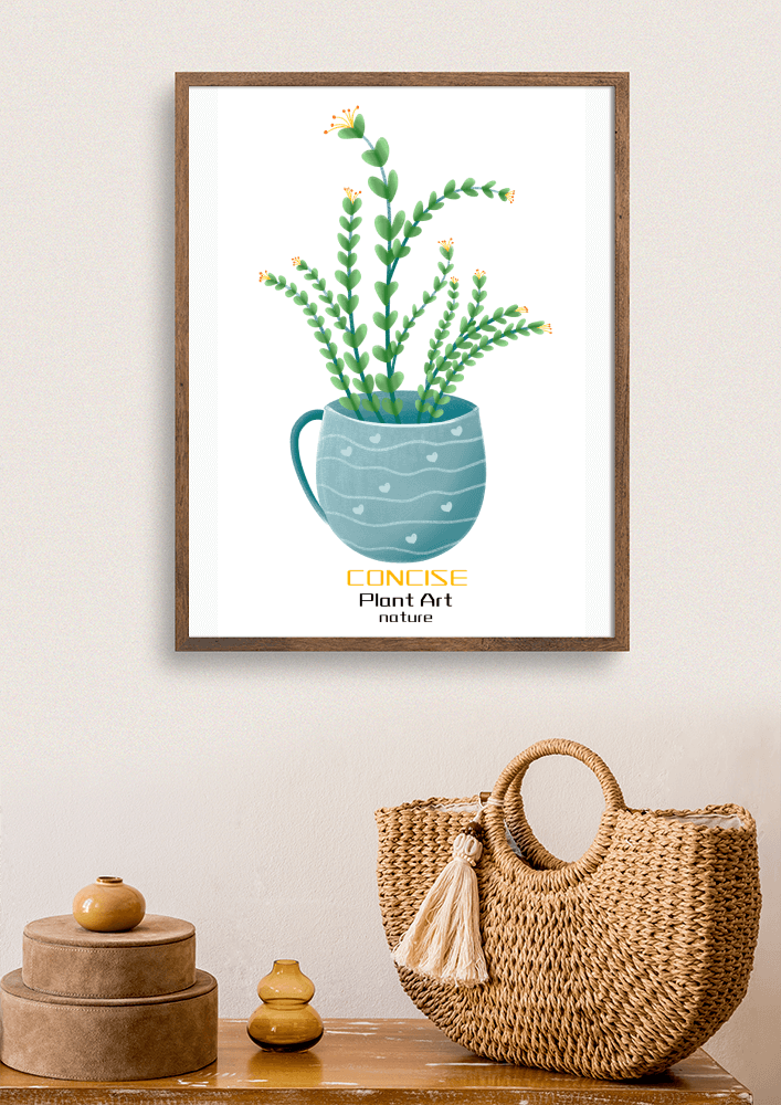 Ilustración de una planta verde en una taza decorativa azul