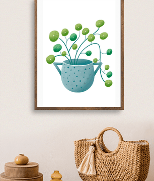 Ilustración minimalista de una planta pilea verde en una maceta de cerámica azul