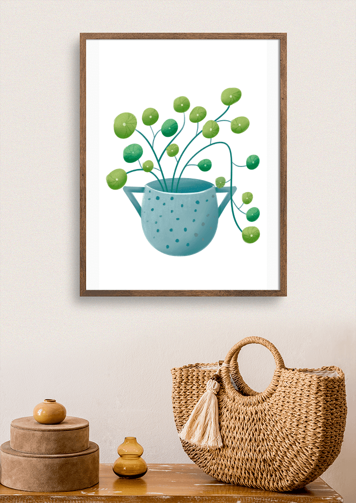 Ilustración minimalista de una planta pilea verde en una maceta de cerámica azul