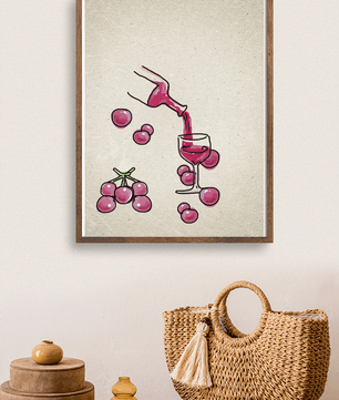 Artistic Illustration of Wine Pouring into a Glass with Grapes