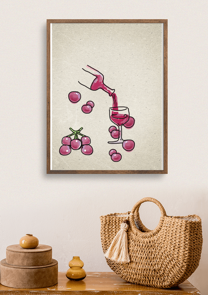 Artistic Illustration of Wine Pouring into a Glass with Grapes