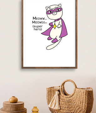Superhero cat illustration with comic-style text - Mi tienda
