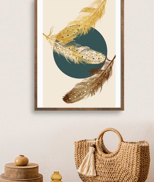 Artistic Composition of Intricate Feathers with Golden Elements and Geometric Contrast - Mi tienda