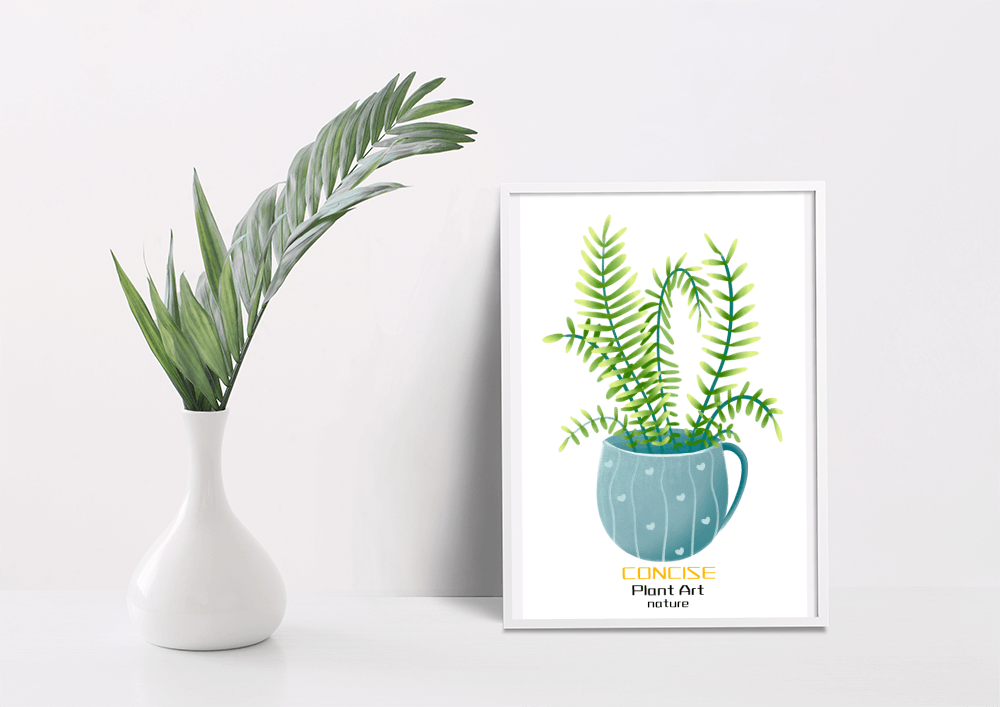 Illustration of a Plant in a Decorative Blue Pot with Green Leaves