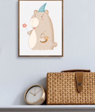 Cute bear illustration with flower and basket | nursery wall art | whimsical animal decor - Mi tienda