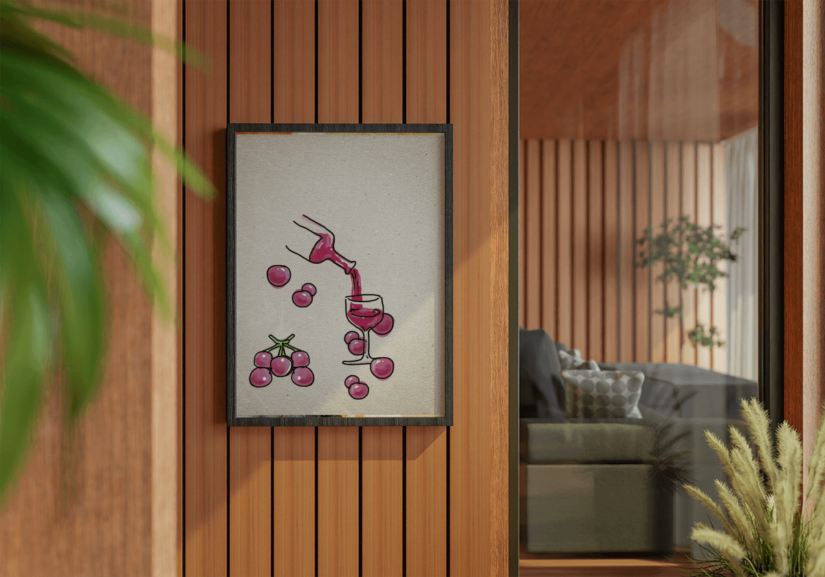 Artistic Illustration of Wine Pouring into a Glass with Grapes