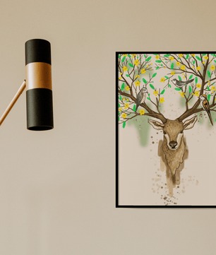Majestic deer with blooming antlers and birds illustration - Mi tienda