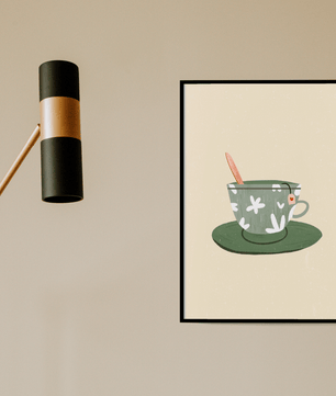 Illustration of a Green Floral Tea Cup with a Tea Bag and Spoon - Mi tienda