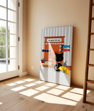 Black cat with Japanese storefront and koi fish flags – cozy and charming wall art - Mi tienda