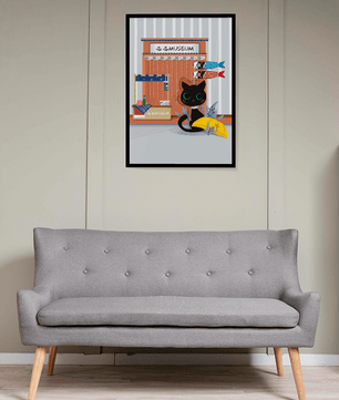 Black cat with Japanese storefront and koi fish flags – cozy and charming wall art - Mi tienda