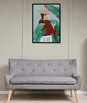 Modern botanical woman portrait – minimalistic female wall art with nature and cat - Mi tienda