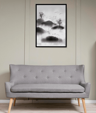 Misty mountains with flying birds in monochrome ink style - Mi tienda