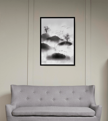 Misty mountains with flying birds in monochrome ink style