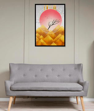 Golden sunrise over geometric mountains with a lone tree and flying birds - Mi tienda