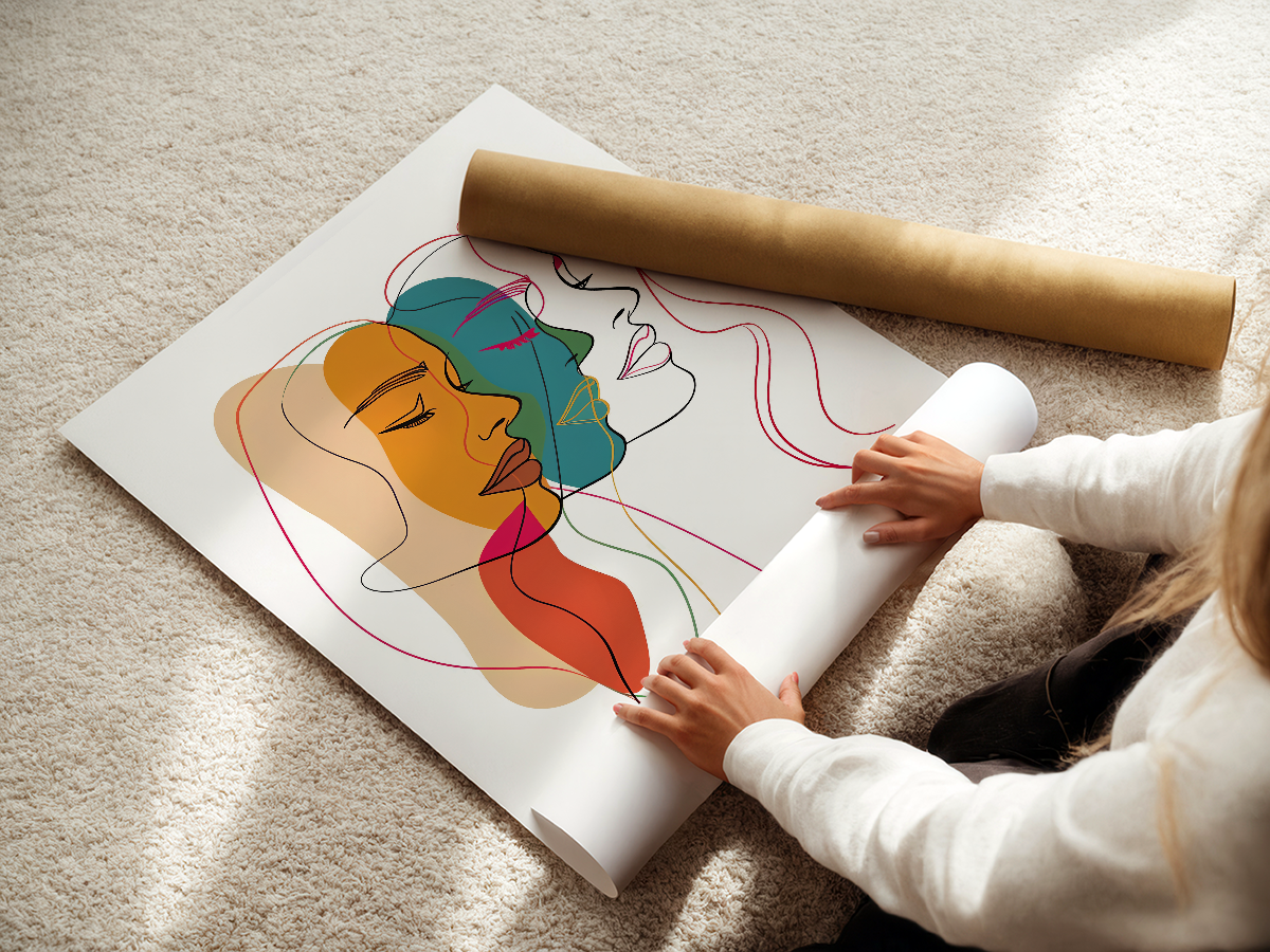 Abstract female faces wall art | Colorful minimalist line drawing | Modern poster or canvas - Mi tienda