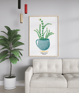 Ilustración de una planta verde en una taza decorativa azul