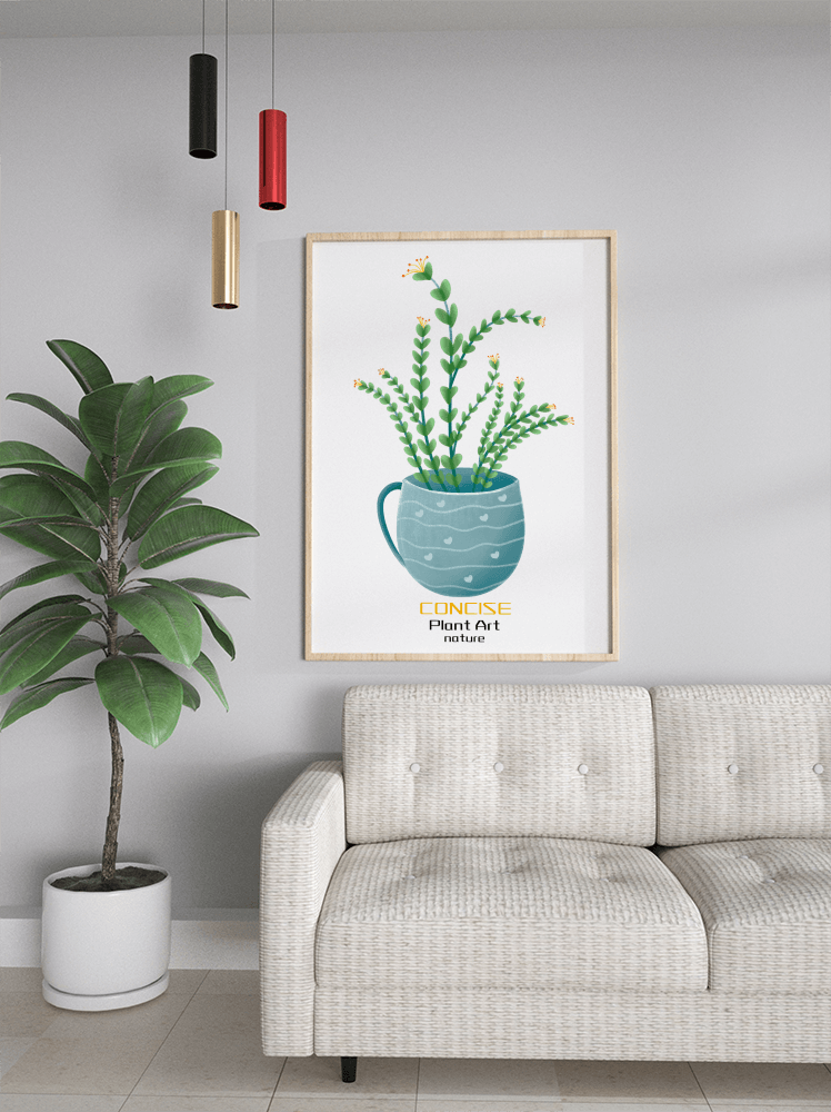 Ilustración de una planta verde en una taza decorativa azul