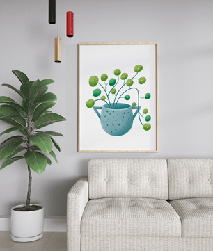Ilustración minimalista de una planta pilea verde en una maceta de cerámica azul