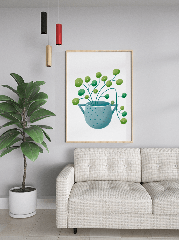 Ilustración minimalista de una planta pilea verde en una maceta de cerámica azul