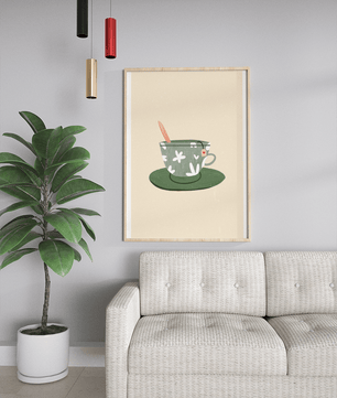 Illustration of a Green Floral Tea Cup with a Tea Bag and Spoon - Mi tienda