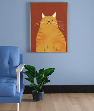 Playful orange cat illustration with a warm rustic background - Mi tienda