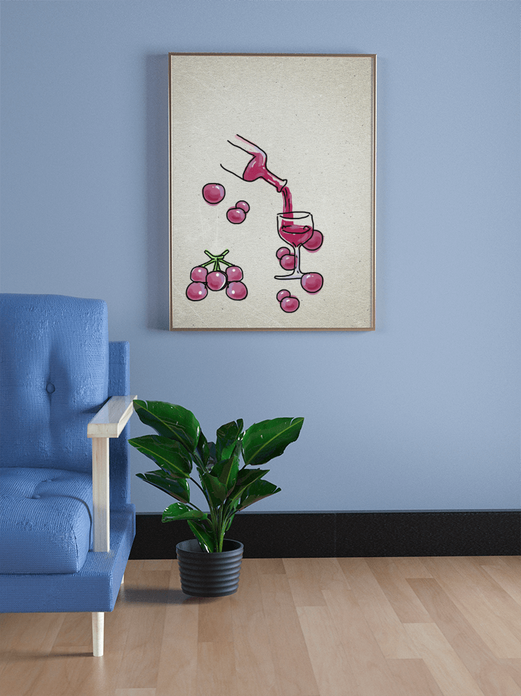 Artistic Illustration of Wine Pouring into a Glass with Grapes
