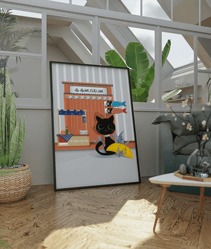 Black cat with Japanese storefront and koi fish flags – cozy and charming wall art - Mi tienda