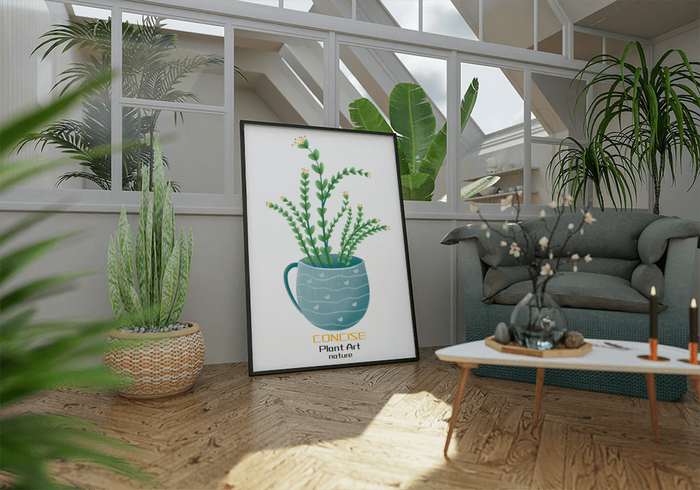 Ilustración de una planta verde en una taza decorativa azul