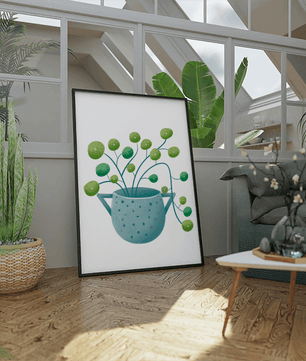 Ilustración minimalista de una planta pilea verde en una maceta de cerámica azul