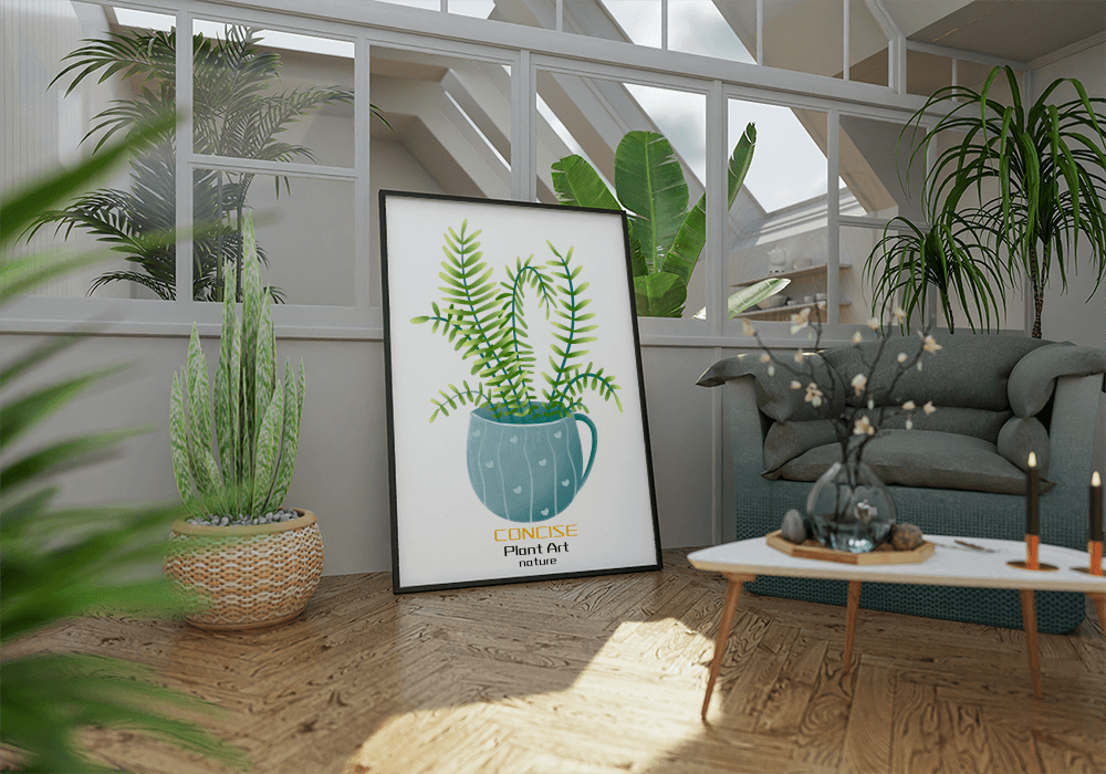 Illustration of a Plant in a Decorative Blue Pot with Green Leaves