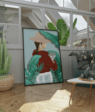 Modern botanical woman portrait – minimalistic female wall art with nature and cat - Mi tienda