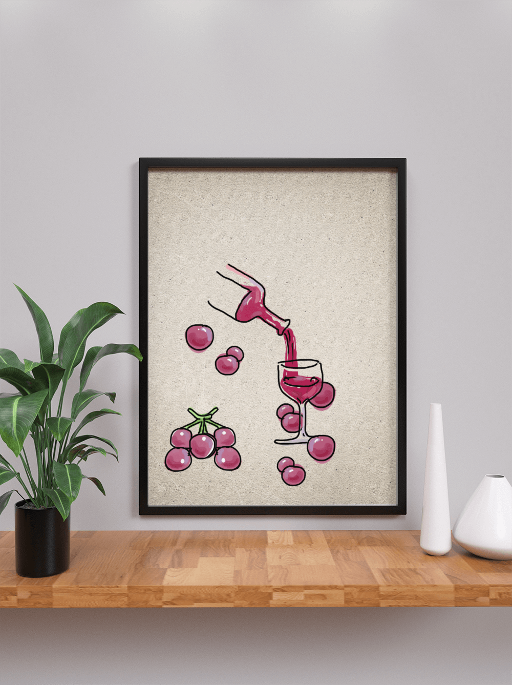 Artistic Illustration of Wine Pouring into a Glass with Grapes