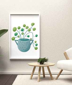 Ilustración minimalista de una planta pilea verde en una maceta de cerámica azul