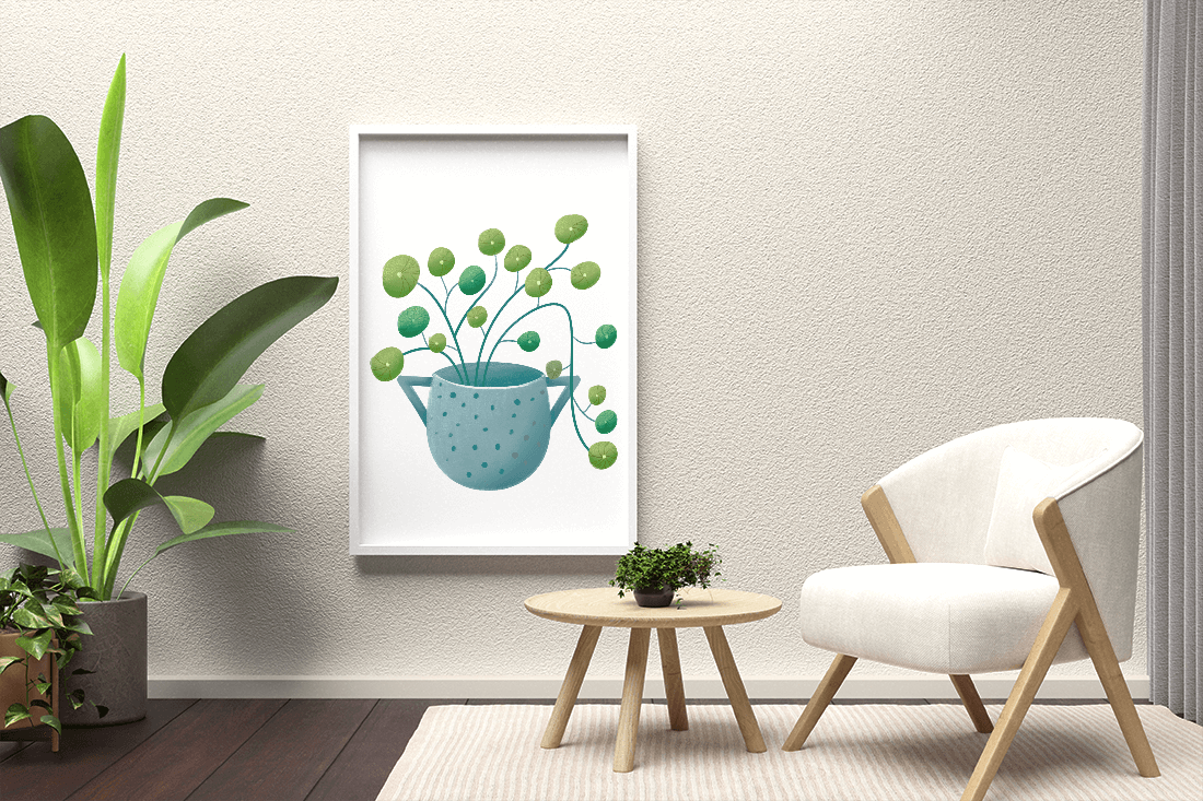 Ilustración minimalista de una planta pilea verde en una maceta de cerámica azul